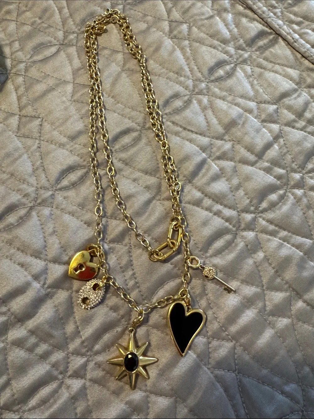 J. Crew Gold Chain Necklace with Black Heart and Star Charms